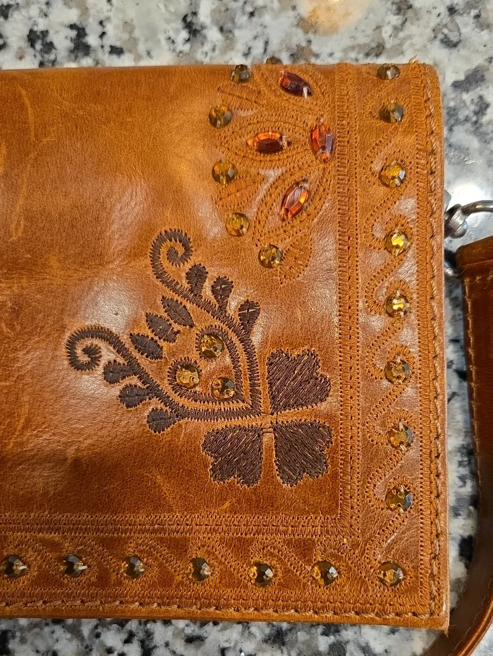 WILSON'S LEATHER VTG Y2K LEATHER COGNAC CLUTCH SHOULDER BAG.  EMBROIDERY/ GEMS.